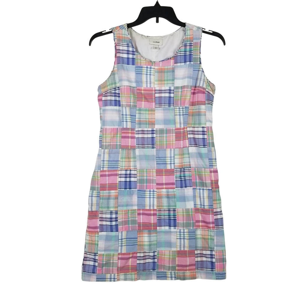 L.L. Bean Patchwork Madras Dress Women 8 Petite Multi-Color Pastel Plaid Shift